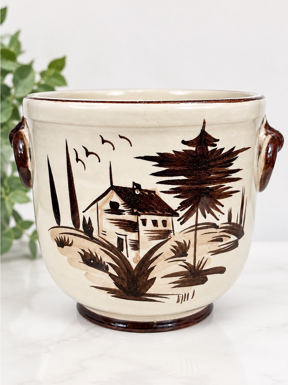 Vintage Hand Painted Ceramic Planter Brown Scenic Cottagecore Pottery